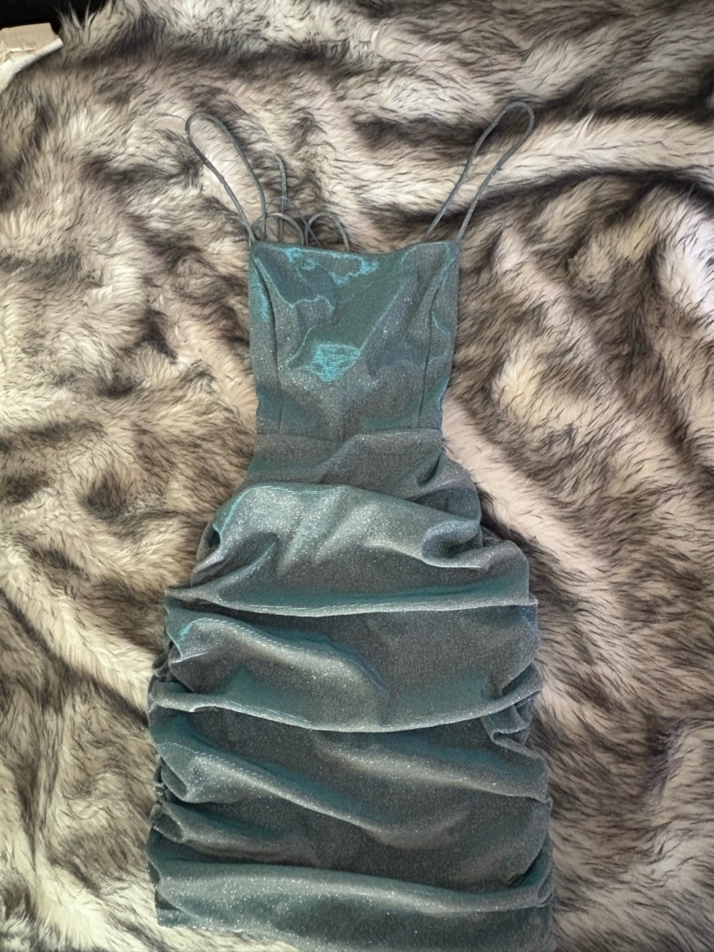 Shimmery Teal Ruched Spaghetti Strap backless Dress